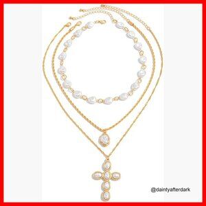 3-Piece Layered Pearl Cross Necklace Set with Chunky Gold Silver Chain
